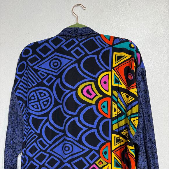 Platinum Blue Geometric Oversized Vintage Button Down Blouse Sz M - Picture 7 of 10